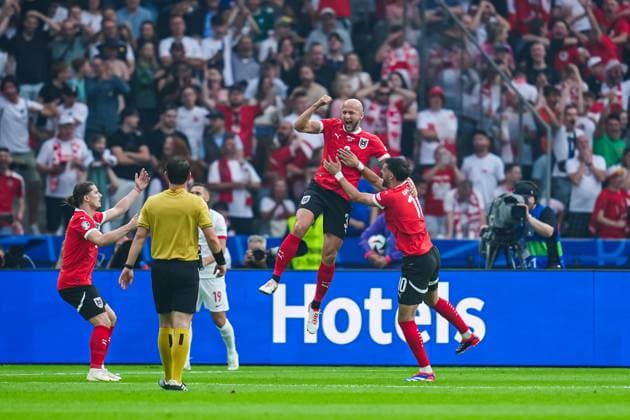 Goal celebration Austria after goal to 0 1 by header Gernot Trauner Austria, 03 GER, Poland vs Austria, European Football Championship, UEFA Euro 2024, Matchday 2, 21 06 2024 GER, Poland vs Austria, European Football Championship, UEFA Euro 2024, Matchday 2, 21 06 2024 Berlin Copyright: xEibner-Pressefoto MarcelxvonxFehrnx EP_MFN