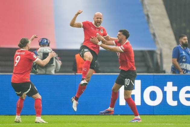 SOCCER - UEFA EURO, EM, Europameisterschaft,Fussball 2024 BERLIN,GERMANY,21.JUN.24 - UEFA EURO 2024, group stage, Austria vs Poland. Image shows the rejoicing of Marcel Sabitzer, Gernot Trauner and Florian Grillitsch (AUT).  GEPAxpictures xJohannesxFriedl