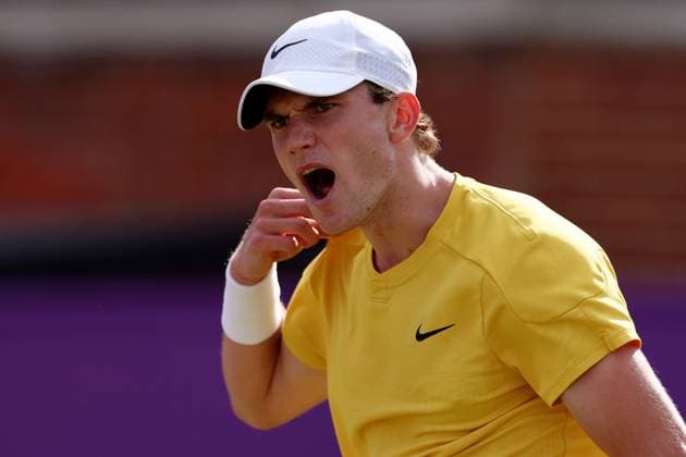 21st June 2024; Cinch Championships, Queens Club, West Kensington, London, England: Cinch Championships Queens Club, Day 5; Jack Draper (GBR) celebrates after he wins a point in his mens quarterfinal match against Tommy Paul (USA)  ActionPlus12657848 ShaunxBrooks