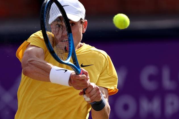 Sport Bilder des Tages 21st June 2024; Cinch Championships, Queens Club, West Kensington, London, England: Cinch Championships Queens Club, Day 5; Jack Draper (GBR) in action in his mens quarterfinal match against Tommy Paul (USA)  ActionPlus12657855 ShaunxBrooks