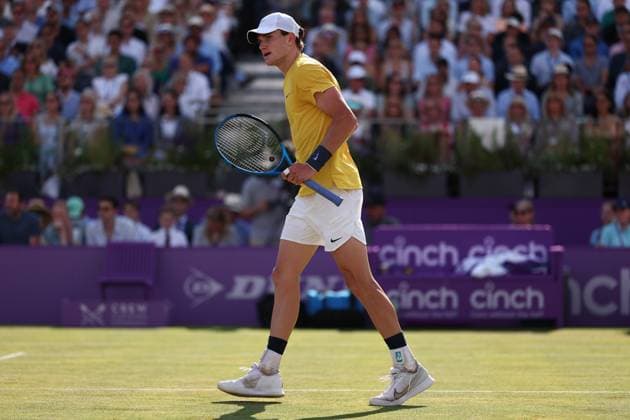 21st June 2024; Cinch Championships, Queens Club, West Kensington, London, England: Cinch Championships Queens Club, Day 5; Jack Draper (GBR) celebrates a point in his mens quarterfinal match against Tommy Paul (USA)  ActionPlus12657857 ShaunxBrooks