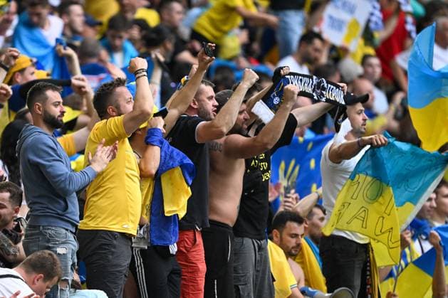 European Championship 2024 Slovakia Ukraine on 21 06 2024 in the Merkur Spiel Arena in Düsseldorf Fans of Ukraine celebrate after winning MT