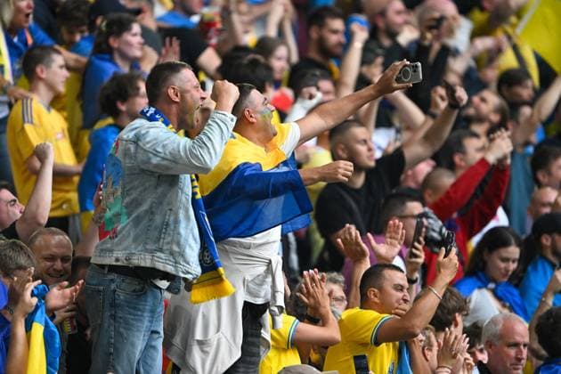 European Championship 2024 Slovakia Ukraine on 21 06 2024 in the Merkur Spiel Arena in Düsseldorf Fans of Ukraine celebrate after winning MT