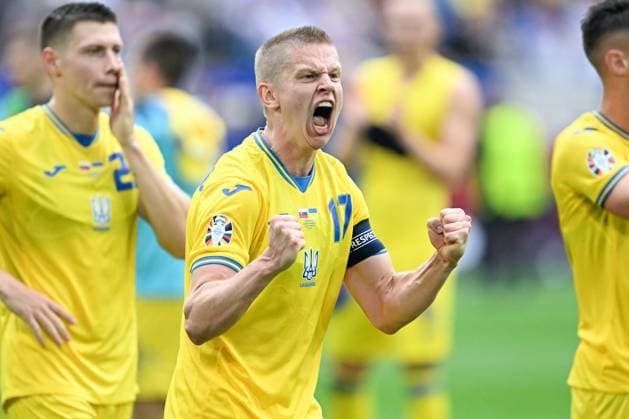 European Championship 2024 Slovakia Ukraine on 21 06 2024 in the Merkur Spiel Arena in Düsseldorf Oleksandr Zinchenko UKR celebrate after winning MT