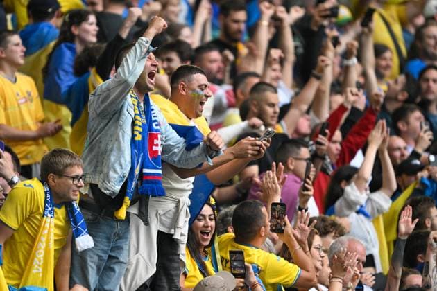 European Championship 2024 Slovakia Ukraine on 21 06 2024 in the Merkur Spiel Arena in Düsseldorf Fans of Ukraine celebrate after winning MT