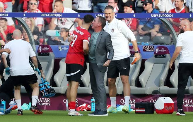 Christoph Baumgartner cheers after 1 2 with coach Ralf Rangnick, goalkeeping coach Michael Gspurning joy emotion jubilation Sport Football Soccer European Championship Euro 2024 European Championship Men Season 2023 2024 21 06 2024 Poland POL vs Austria AUT in Berlin DFL regulations prohibit any use of photographs as image sequences and or quasi video
