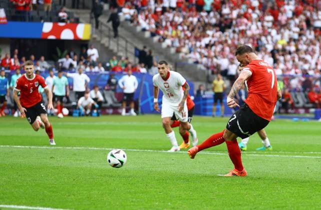 Marko Arnautovic of Austria scores a penalty to make it 1-3 Poland v Austria, UEFA European Championship, EM, Europameisterschaft 2024, Group D, Football, Olympiastadion, Berlin, Germany, 21 Jun 2024 EDITORIAL USE ONLY No use with unauthorised audio, video, data, fixture lists, club league logos or live services. Online in-match use limited to 120 images, no video emulation. No use in betting, games or single club league player publications. Copyright: xKieranxMcManus Shutterstockx 14543876aw