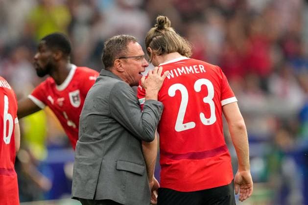 SOCCER - UEFA EURO, EM, Europameisterschaft,Fussball 2024 BERLIN,GERMANY,21.JUN.24 - UEFA EURO 2024, group stage, Austria vs Poland. Image shows head coach Ralf Rangnick and Patrick Wimmer (AUT).  GEPAxpictures xJohannesxFriedl