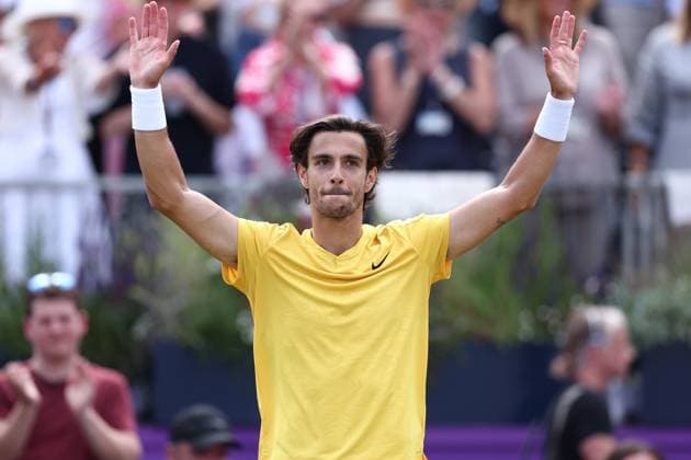 21st June 2024; Cinch Championships, Queens Club, West Kensington, London, England: Cinch Championships Queens Club, Day 5; Lorenzo Musetti (ITA) celebrates after he wins the mens quarterfinal match against Billy Harris (GBR)  ActionPlus12657934 ShaunxBrooks