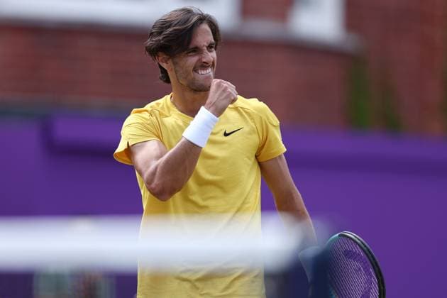 21st June 2024; Cinch Championships, Queens Club, West Kensington, London, England: Cinch Championships Queens Club, Day 5; Lorenzo Musetti (ITA) celebrates after he wins the mens quarterfinal match against Billy Harris (GBR)  ActionPlus12657935 ShaunxBrooks