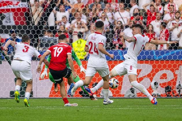 Football Berlin 21 06 2024 UEFA Euro 2024 European Championship Preliminary Round Poland POL Austria AUT Goal for 1 2 by Christoph Baumgartner Austria, No 19 Jakub Moder Poland, No 08 Pawel Dawidowicz Poland, No 03 Bartosz Slisz Poland, No 24