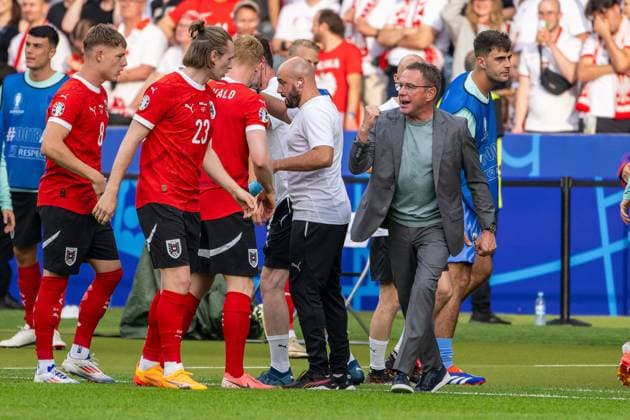 Football Berlin 21 06 2024 UEFA Euro 2024 European Championship preliminary round Poland POL Austria AUT Cheering after the goal for 1 2 Ralf Rangnick Austria, Coach Patrick Wimmer Austria, TW, No 23