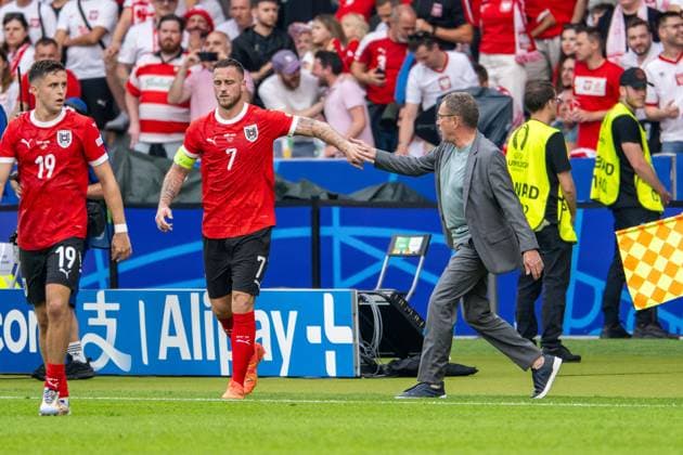Football Berlin 21 06 2024 UEFA Euro 2024 European Championship preliminary round Poland POL Austria AUT Cheering after the goal for 1 3 by Marko Arnautovic Austria, No 07 Ralf Rangnick Austria, coach