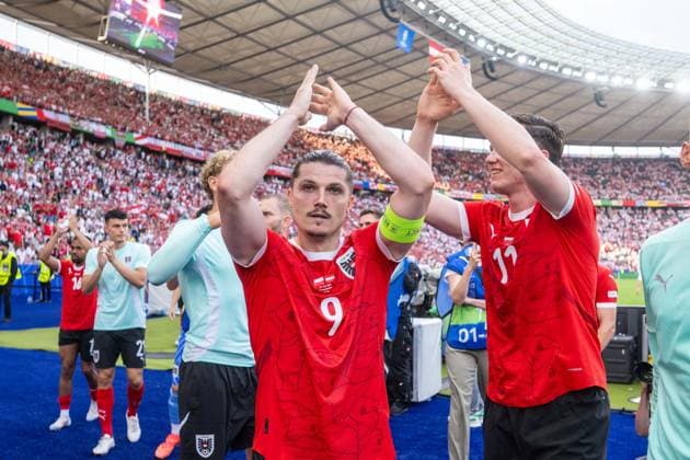 Football Berlin 21 06 2024 UEFA Euro 2024 European Championship preliminary round Poland POL Austria AUT Austria celebrating after the win Christoph Baumgartner Austria, No 19 Michael Gregoritsch Austria, No 11