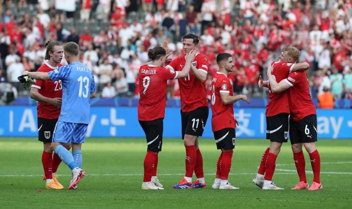 Patrick Wimmer, goalkeeper Patrick Pentz, Marcel Sabitzer, Michael Gregoritsch, Phillipp Mwene, Nicolas Seiwald cheering after the end of the match 1 3 victory joy emotion jubilation sport soccer soccer European Championship Euro 2024 European Championship men season 2023 2024 21 06 2024 Poland POL vs Austria AUT in Berlin DFL regulations prohibit any use of photographs as image sequences and or quasi video