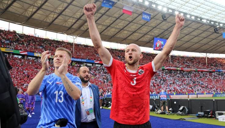 Goalkeeper Patrick Pentz, Gernot Trauner cheers after the end of the match 1 3 Victory Joy Emotion Cheering Sport Football Soccer European Championship Euro 2024 European Championship Men Season 2023 2024 21 06 2024 Poland POL vs Austria AUT in Berlin DFL regulations prohibit any use of photographs as image sequences and or quasi video