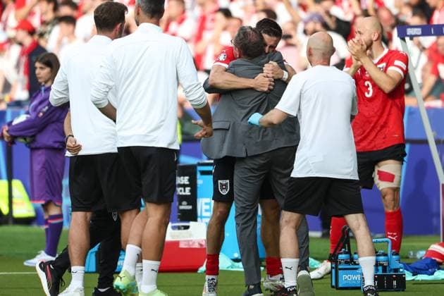 SOCCER - UEFA EURO, EM, Europameisterschaft,Fussball 2024 BERLIN,GERMANY,21.JUN.24 - UEFA EURO 2024, group stage, Austria vs Poland. Image shows the rejoicing of head coach Ralf Rangnick and Christoph Baumgartner (AUT).  GEPAxpictures xArminxRauthner
