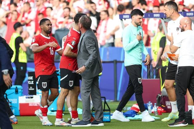 SOCCER - UEFA EURO, EM, Europameisterschaft,Fussball 2024 BERLIN,GERMANY,21.JUN.24 - UEFA EURO 2024, group stage, Austria vs Poland. Image shows the rejoicing of Philipp Mwene, Christoph Baumgartner and head coach Ralf Rangnick (AUT).  GEPAxpictures xArminxRauthner