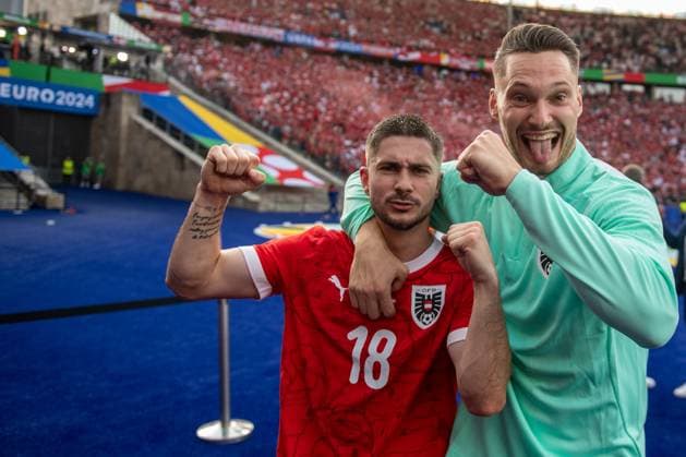 BERLIN, GERMANY - JUNE 21: Romano Schmid of Austria celebrates winning the UEFA EURO, EM, Europameisterschaft,Fussball 2024 group stage match between Poland and Austria at Olympiastadion on June 21, 2024 in Berlin, Germany. Photo Sebastian Frej Poland v Austria Copyright: xx