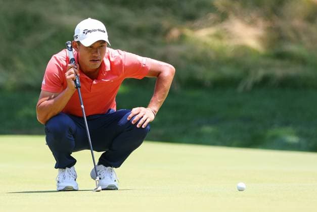 CROMWELL, CT - JUNE 21: Collin Morikawa of United States studies his putt on the 14th green during the second round of the 2024 Travelers Championship on June 21, 2024, at TPC River Highlands in Cromwell, CT. (Photo by M. Anthony Nesmith Icon Sportswire) GOLF: JUN 21 PGA, Golf Herren Travelers Championship EDITORIAL USE ONLY Icon240621092024