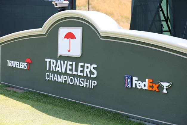 CROMWELL, CT - JUNE 21: General view of the Travelers signage during the second round of the 2024 Travelers Championship on June 21, 2024, at TPC River Highlands in Cromwell, CT. (Photo by M. Anthony Nesmith Icon Sportswire) GOLF: JUN 21 PGA, Golf Herren Travelers Championship EDITORIAL USE ONLY Icon240621172024