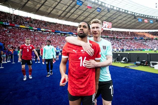 UEFA EURO 2024 Poland Austria 21 06 2024 Philipp Mwene Austria, 16 , Florian Kainz Austria, 17 UEFA EURO 2024 Poland Austria Olympiastadion, Berlin 21 06 2024 Copyright: xBEAUTIFULxSPORTS Buriakovx