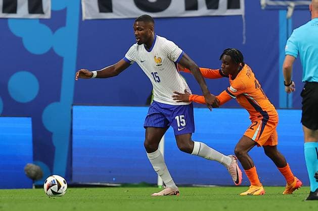 Netherlands France UEFA EURO 2024 Leipzig, 21 06 2024, Leipzig Stadium, UEFA EURO 2024 Germany , Gr D Preliminary Round , Netherlands France , Pictured from l Marcus Thuram 15, France and Jeremie Frimpong 12, Netherlands ,