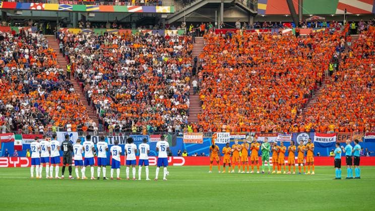 Football, Men, Season 2023 24, UEFA Euro 2024, Group D 2 Matchday in Leipzig, Netherlands France, minutes silence for Gerhard Aigner Former General Secretary UEFA , 21 06 2024, Copyright: xMatthiasxKochx