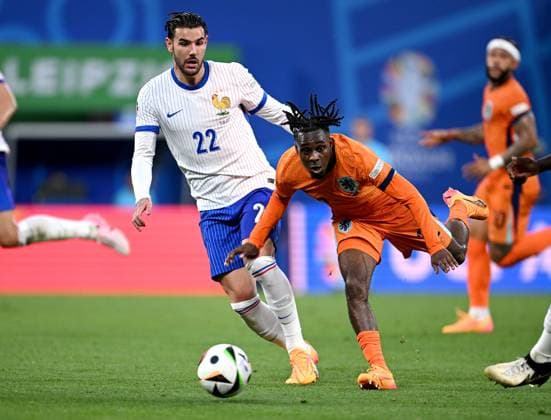 Football Euro 2024 Group D 21 06 2024 Netherlands France Theo Hernandez left, France v Jeremie Frimpong right, Netherlands