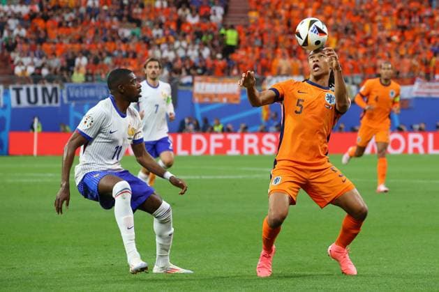 Netherlands France UEFA EURO 2024 Leipzig, 21 06 2024, Leipzig Stadium, UEFA EURO 2024 Germany , Gr D Preliminary Round , Netherlands France , Pictured from l Ousmane Dembele 11, France and Nathan Ake 5, Netherlands ,