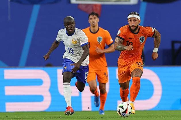 Netherlands France UEFA EURO 2024 Leipzig, 21 06 2024, Leipzig Stadium, UEFA EURO 2024 Germany , Gr D preliminary round , Netherlands France , In the picture from l N Golo Kante 13, France and Memphis Depay 10, Netherlands ,