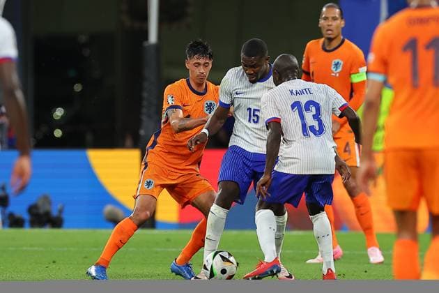 Netherlands France UEFA EURO 2024 Leipzig, 21 06 2024, Leipzig Stadium, UEFA EURO 2024 Germany , Gr D Preliminary Round , Netherlands France , Pictured from l Tijjani Reijnders 14, Netherlands and Marcus Thuram 15, France ,