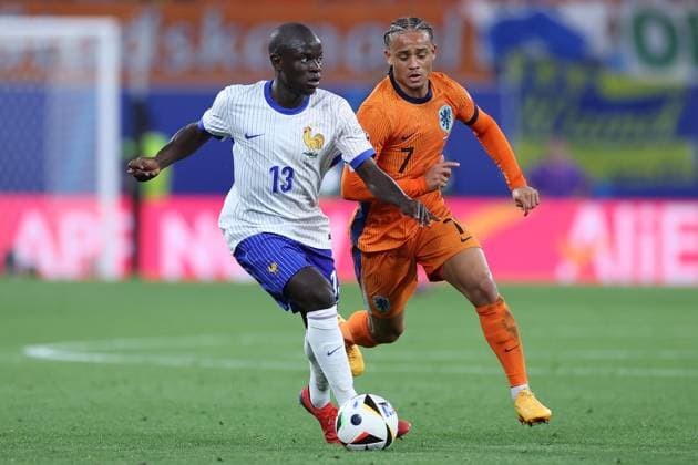 Soccer UEFA EURO 2024 Group Stage 2 Matchday Netherlands France on 21 06 2024 at Leipzig Stadium in Leipzig N Golo Kante France , left Xavi Simons Netherlands , right xMSx