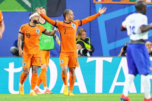 Netherlands v France: Group D - UEFA EURO, EM, Europameisterschaft,Fussball 2024 Memphis Depay and Xavi Simons of the Netherlands reacts as the goal he scored is under VAR review and later ruled out for offside during the UEFA EURO 2024 group stage match between Netherlands and France at Football Stadium Leipzig on June 21, 2024 in Leipzig, Germany. SanjinxStrukic PIXSELL