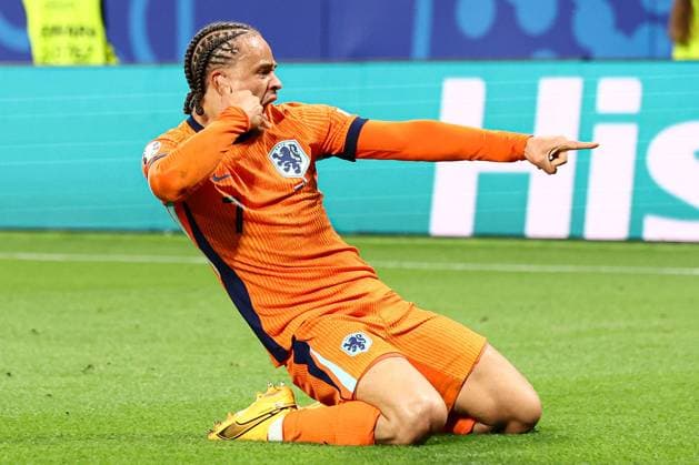 Xavi Simons of The Netherlands celebrates scoring a goal before it is disallowed Netherlands v France, UEFA European Championship, EM, Europameisterschaft 2024, Group D, Football, Leipzig Stadium, Leipzig, Germany, 21 Jun 2024 EDITORIAL USE ONLY No use with unauthorised audio, video, data, fixture lists, club league logos or live services. Online in-match use limited to 120 images, no video emulation. No use in betting, games or single club league player publications. Copyright: xMattxWest Shutterstockx 14551682ci