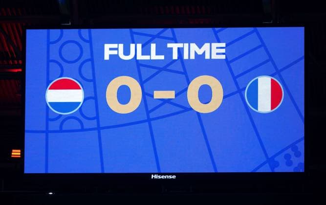 Soccer, Men, Season 2023 24, UEFA Euro 2024, Group D 2 Matchday in Leipzig, Netherlands France, Scoreboard with 0 0 Final Score, 21 06 2024, Copyright: xMatthiasxKochx