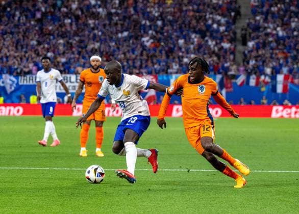 Football, Men, Season 2023 24, UEFA Euro 2024, Group D 2 Matchday in Leipzig, Netherlands France, v l Youssouf Fofana France , Jeremie Frimpong Netherlands , 21 06 2024, Copyright: xMatthiasxKochx