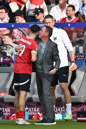BERLIN, GERMANY - JUNE 21: Christoph Baumgartner of Austria celebrates scoring his team s second goal with Ralf Rangnick, the manager, during to the UEFA EURO, EM, Europameisterschaft,Fussball 2024 group stage match between Poland and Austria at Olympiastadion on June 21, 2024 in Berlin, G Poland v Austria: Group D - UEFA EURO 2024 Copyright: xSebastianxFrejx