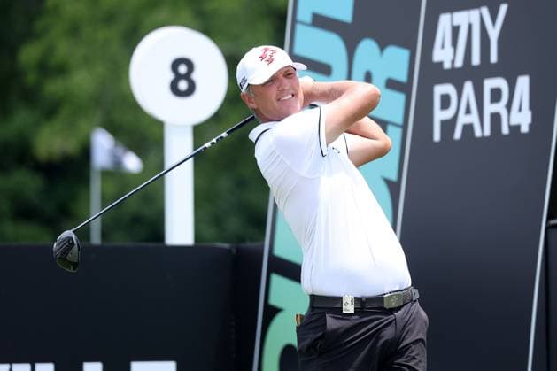 COLLEGE GROVE, TN - JUNE 21: Matt Jones (AUS) tees off during the opening round of LIV Golf Nashville on June 21, 2024 at the Grove Golf Course in College Grove, Tennessee. (Photo by Michael Wade Icon Sportswire) GOLF: JUN 21 LIV Golf League Nashville EDITORIAL USE ONLY Icon06212408