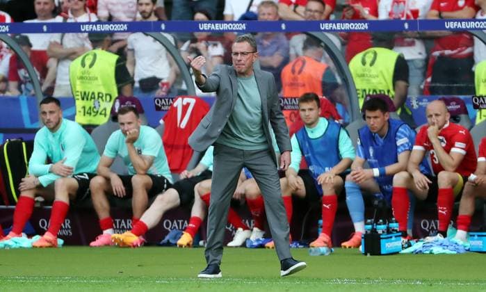 Coach Ralf Rangnick pointing, gesticulating Single image Crop action Sport Soccer Football European Championship Euro 2024 European Championship Men Season 2023 2024 21 06 2024 Poland POL vs Austria AUT in Berlin DFL regulations prohibit any use of photographs as image sequences and or quasi video
