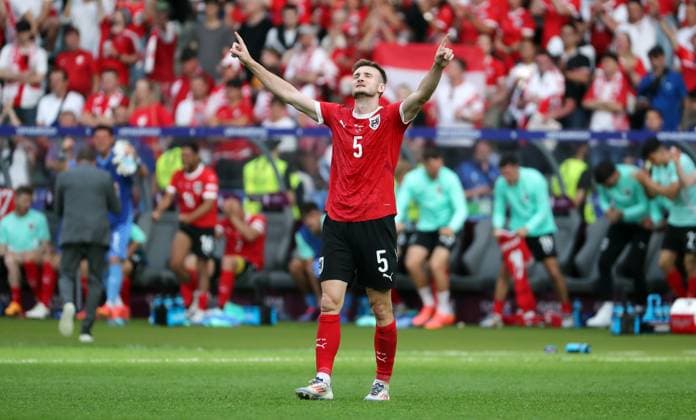 Stefan Posch cheers after the end of the match Joy Emotion Cheering Sport Football Soccer European Championship Euro 2024 European Championship Men Season 2023 2024 21 06 2024 Poland POL vs Austria AUT in Berlin DFL regulations prohibit any use of photographs as image sequences and or quasi video