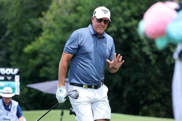 COLLEGE GROVE, TN - JUNE 21: Phil Mickelson (USA) during the opening round of LIV Golf Nashville on June 21, 2024 at the Grove Golf Course in College Grove, Tennessee. (Photo by Michael Wade Icon Sportswire) GOLF: JUN 21 LIV Golf League Nashville EDITORIAL USE ONLY Icon06212439