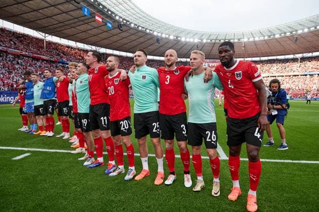 Austria celebrates victory, GER, UEFA Euro 2024, Football men, UEFA EM 2024 Matchday 2, Group D, Poland vs Oesterrech, Poland vs Austria, 21 06 2024 GER, UEFA Euro 2024, Football men, UEFA EM 2024 Matchday 2, Group D, Poland vs Oesterrech, Poland vs Austria, 21 06 2024 Berlin Copyright: xEibner-Pressefotox xClaudiusxRauchx EP_CRH