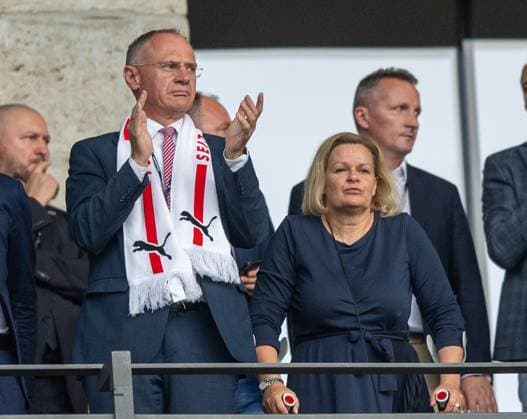 Football, men, season 2023 24, Euro 2024 Group D 2 matchday in Berlin, Poland Austria, from l Austrias Federal Minister of the Interior Gerhard Karner Interior Minister , Germanys Federal Minister of the Interior Nancy Faeser Interior Minister with crutches in the stands, 21 06 2024, Copyright: xSebastianxRäppold MatthiasxKochx