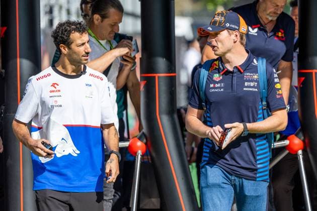 BARCELONA, SPAIN - JUNE 22: Max Verstappen (1) of Netherlands and team Oracle Red Bull Racing talks to Daniel Ricciardo (3) of Australia and team Visa Cash App RB F1 Team before FP3 practice on Saturday, June 22, 2024 at the Circuit De Catalunya in Barcelona, Spain. (Photo by Bob Kupbens Icon Sportswire) AUTO: JUN 22 F1 Spanish Grand Prix EDITORIAL USE ONLY Icon240622032