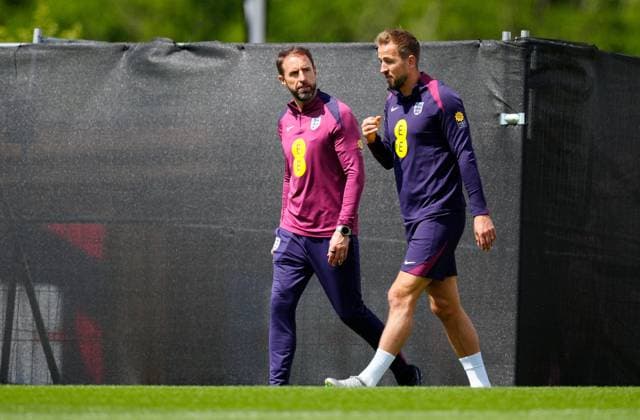 England manager Gareth Southgate and Harry Kane of England England Training Session and press conference, PK, Pressekonferenz UEFA European Championship, EM, Europameisterschaft 2024, Group C, Football, Spa & Golf Resort Weimarer Land, Blankenhain, Germany, 22 Jun 2024 EDITORIAL USE ONLY No use with unauthorised audio, video, data, fixture lists, club league logos or live services. Online in-match use limited to 120 images, no video emulation. No use in betting, games or single club league player publications. Copyright: xDavexShopland Shutterstockx 14548012l