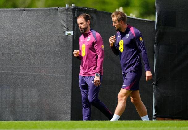 England manager Gareth Southgate and Harry Kane of England England Training Session and press conference, PK, Pressekonferenz UEFA European Championship, EM, Europameisterschaft 2024, Group C, Football, Spa & Golf Resort Weimarer Land, Blankenhain, Germany, 22 Jun 2024 EDITORIAL USE ONLY No use with unauthorised audio, video, data, fixture lists, club league logos or live services. Online in-match use limited to 120 images, no video emulation. No use in betting, games or single club league player publications. Copyright: xDavexShopland Shutterstockx 14548012k