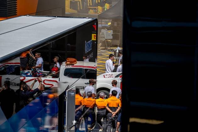 MONTMELO, SPAIN: Fire in the McLaren motorhome during the 2024 Formula 1 Spanish Grand Prix at the Circuit de Barcelona-Catalunya in Montmelo, Spain