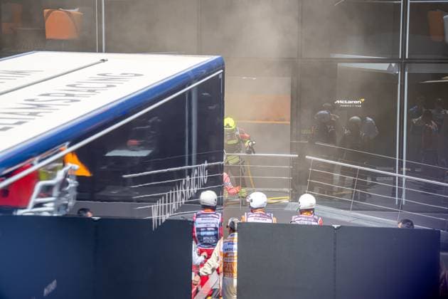 MONTMELO, SPAIN: Fire in the McLaren motorhome during the 2024 Formula 1 Spanish Grand Prix at the Circuit de Barcelona-Catalunya in Montmelo, Spain