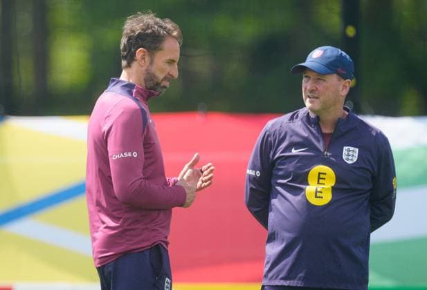 England manager Gareth Southgate and England assistant manager Steve Holland England Training Session and press conference, PK, Pressekonferenz UEFA European Championship, EM, Europameisterschaft 2024, Group C, Football, Spa & Golf Resort Weimarer Land, Blankenhain, Germany, 22 Jun 2024 EDITORIAL USE ONLY No use with unauthorised audio, video, data, fixture lists, club league logos or live services. Online in-match use limited to 120 images, no video emulation. No use in betting, games or single club league player publications. Copyright: xDavexShopland Shutterstockx 14548012x